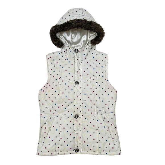 Burton Jackets & Blazers - Burton DryRide Sly Puffer Vest Women’s Size Large White Polka Dot Faux Fur Hood
